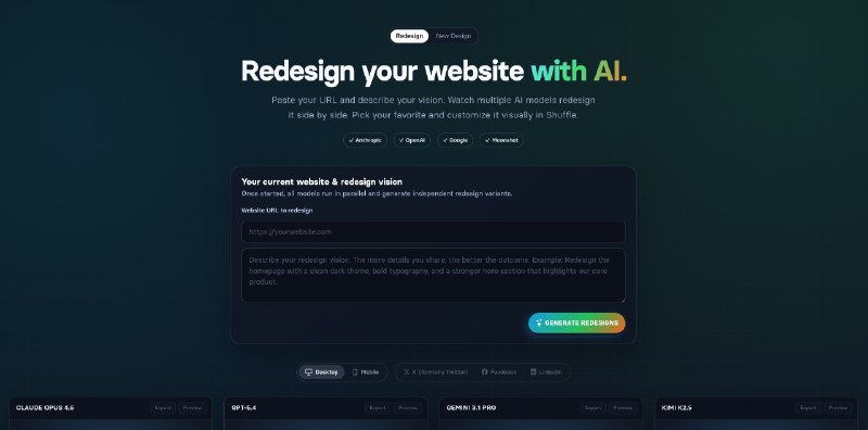 9. AI Website Redesign by Shuffle标语：观看多个人工智能模型同时为你的网站进行重新设计