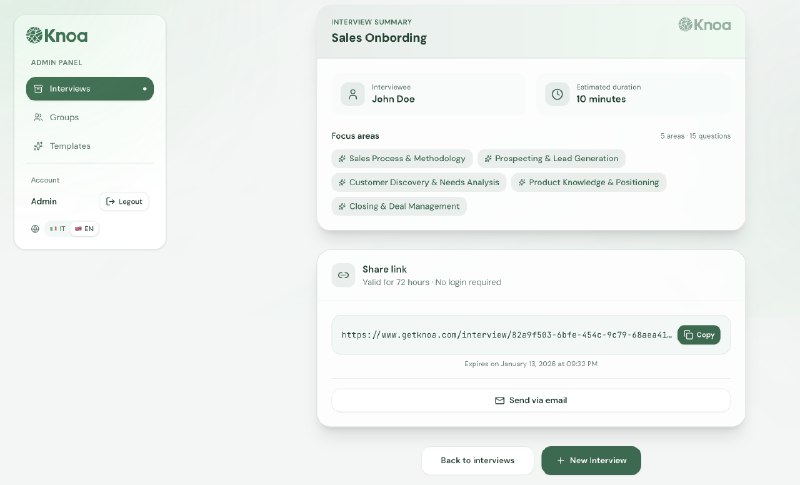 10. KNOA标语：能收集你团队知识的人工智能介绍：这款人工智能代理可以开展结构化访谈，挖掘隐性知识，并生成具有可操作性的报告