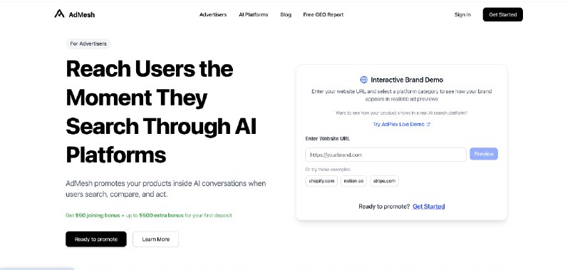 6. AdMesh标语：在人工智能对话中推广产品介绍：我们认为，广告的未来既不是横幅广告，也不是弹窗广告，而是在人工智能对话中根据用户意图给出的推荐