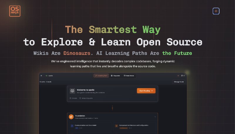 2. OS Ninja标语：利用人工智能探索和学习开源技术介绍：我们的目标简单却宏大：让深入钻研代码变得更像是一场冒险！我们大多数人都知道，开源是现代网络的支柱，但要找到合适的项目来学习或贡献力量，就像在海量的数字信息里大海捞针
