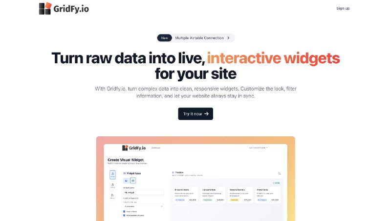 8. Gridfy.io标语：来自 Airtable、Notion 或谷歌表格的实时交互式小部件介绍：Gridfy.io能把你在Airtable、Notion或谷歌表格里的数据转化为实时、可定制的网站小部件，而且无需编写代码