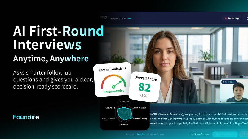 2. Foundire标语：首轮面试自动进行这里“on autopilot”常见意思是“自动地；机械地” ，结合语境，可理解为首轮面试按照既定流程自动推进