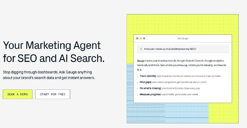 9. Gauge标语：你在自然搜索、付费搜索和人工智能搜索方面的营销代理解析：“organic search”是搜索引擎优化（SEO）领域的术语，指自然搜索结果，也就是未付费的搜索排名；“paid search”是付费搜索，指通过付费广告在搜索结果中获得更高排名；“AI search”就是利用人工智能技术的搜索