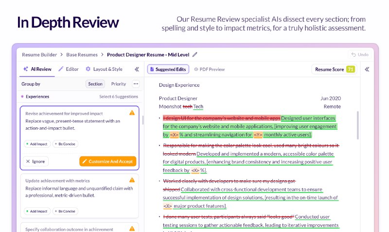 5. Huntr AI Resume Review & Tailor标语：由人工智能驱动，5分钟内逐行帮你审核简历