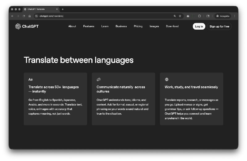 6. ChatGPT Translate标语：用ChatGPT进行翻译介绍：ChatGPT翻译是一款基于网络的人工智能翻译工具，它能在50多种语言间快速进行文本翻译，同时还能保证意思、语境和语气原汁原味