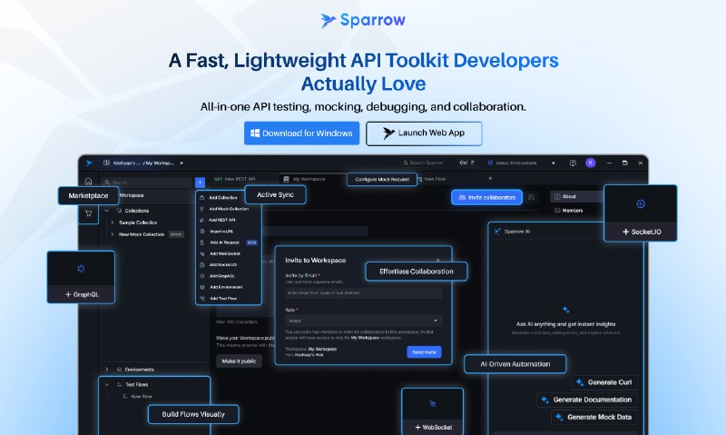 4. Sparrow标语：最轻量级、速度最快的 API 测试平台介绍：Sparrow现在更轻便、更快速、更智能，还搭载了人工智能技术