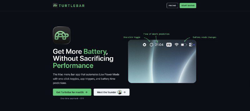 9. TurtleBar - Smart Battery Saver for Mac标语：一键延长你的 Mac 电脑电池续航时间