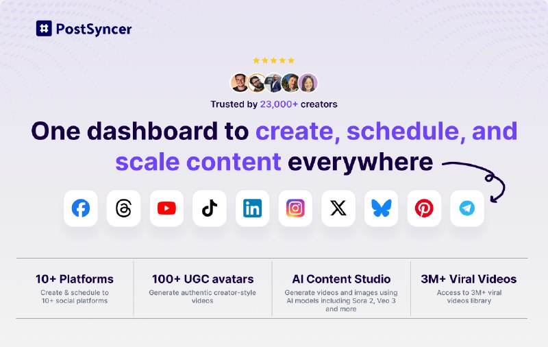 PH今日热榜 | 2026-01-061. PostSyncer标语：适用于社交媒体发布的人工智能内容创作工具介绍：这是一款功能强大的工具，能大规模管理你所有的社交媒体账号