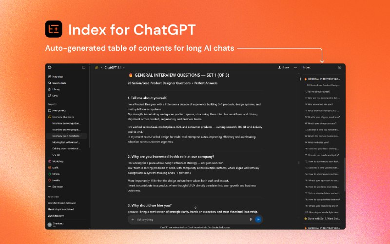 9. Index for ChatGPT标语：长ChatGPT对话的自动目录解释：这句话简洁地表达了“针对长的ChatGPT对话生成自动目录”的意思，符合科普杂志或日常对话的风格
