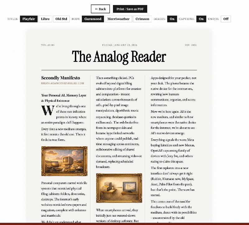 8. Analog Reader标语：把你喜欢的时事通讯变成一份可打印的报纸