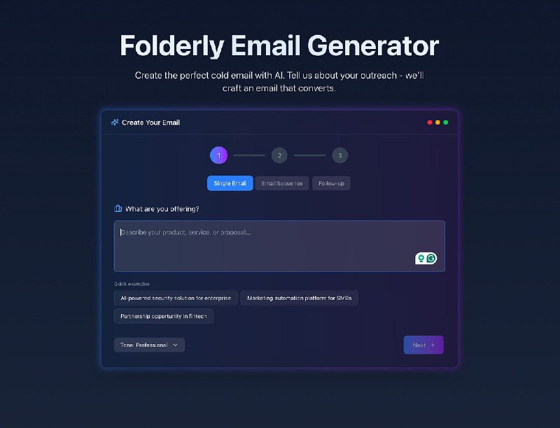 8. Folderly AI标语：能发送到收件箱并收到回复的人工智能生成邮件介绍：利用人工智能生成高效的陌生邮件序列