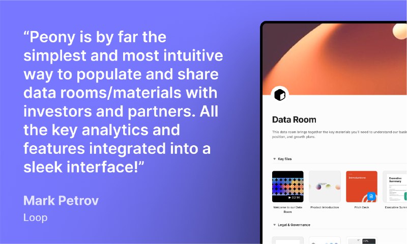 10. Peony Dataroom标语：深受创始人喜爱的DocSend替代方案介绍：别再用 DocSend 啦👉 试试 peony.ink —— 真正的创业者都爱用！用了它的创业者成功进入了 Y Combinator（YC）、赢得了投资者青睐，甚至成功出售了自己的公司！它的设计精美，能确保你的数据室安全无虞，还能让你精准追踪到是谁在查看你的文件
