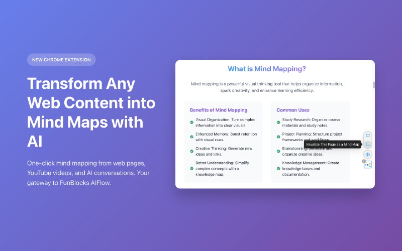 3. AI Mindmap Extension标语：瞬间将网页、PDF文件、YouTube视频转化为思维导图介绍：只需一键，就能把网页、PDF 文件、YouTube 视频以及人工智能聊天内容转化为清晰直观的思维导图