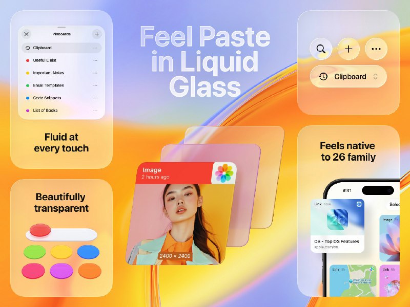 4. Paste 6标语：液态玻璃，重新定义你的剪贴板体验解析：“Reimagined”有重新想象、重新定义的意思，“Clipboard”是剪贴板，“Liquid Glass”是液态玻璃