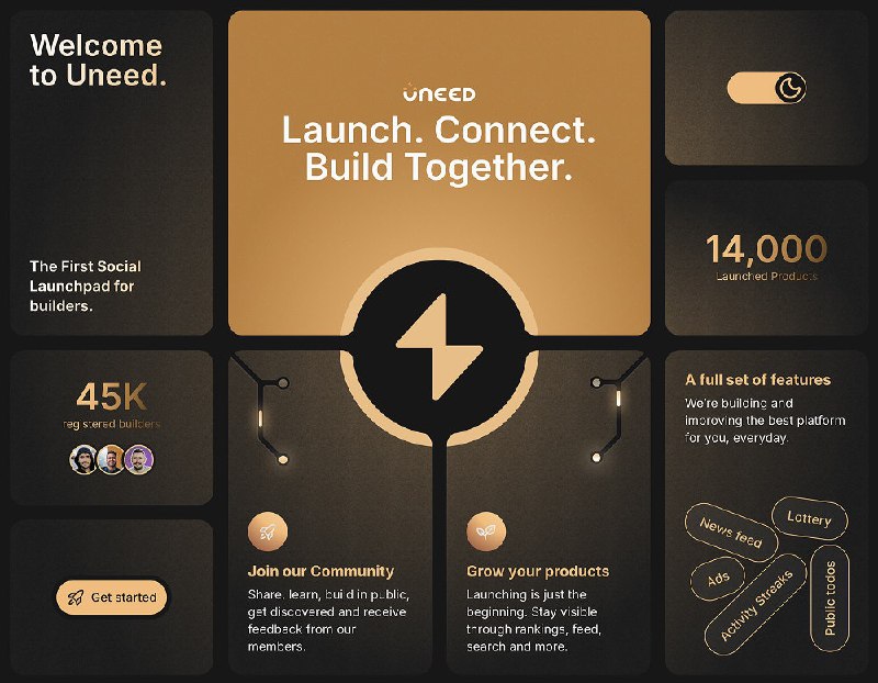 2. Uneed Community标语：开启新事业，获得关注，与其他创业者一同成长