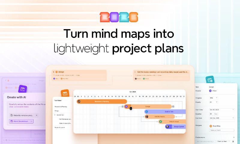 PH今日热榜 | 2025-10-231. Project Management by Xmind标语：把思维导图转化为简洁的项目计划介绍：在地图中规划，借助人工智能进行拆解，用甘特图跟踪进度