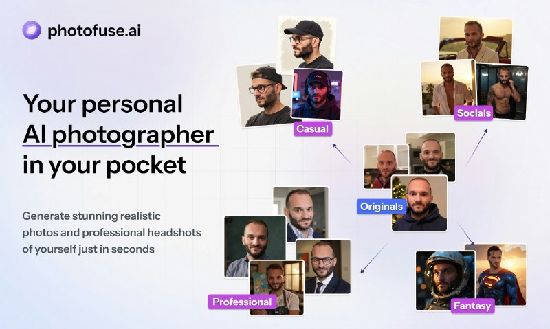 6. PhotoFuse标语：你口袋里的私人 AI 摄影师介绍：把你的自拍变成AI形象，只需短短几秒，就能生成超逼真的照片和专业的个人头像