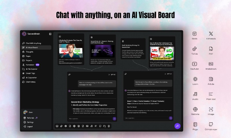 4. Second Brain标语：人工智能可视化看板与知识库介绍：“第二大脑”让你能在可视化面板上与任何内容进行人工智能聊天——你可以随意添加大量的背景信息和聊天节点