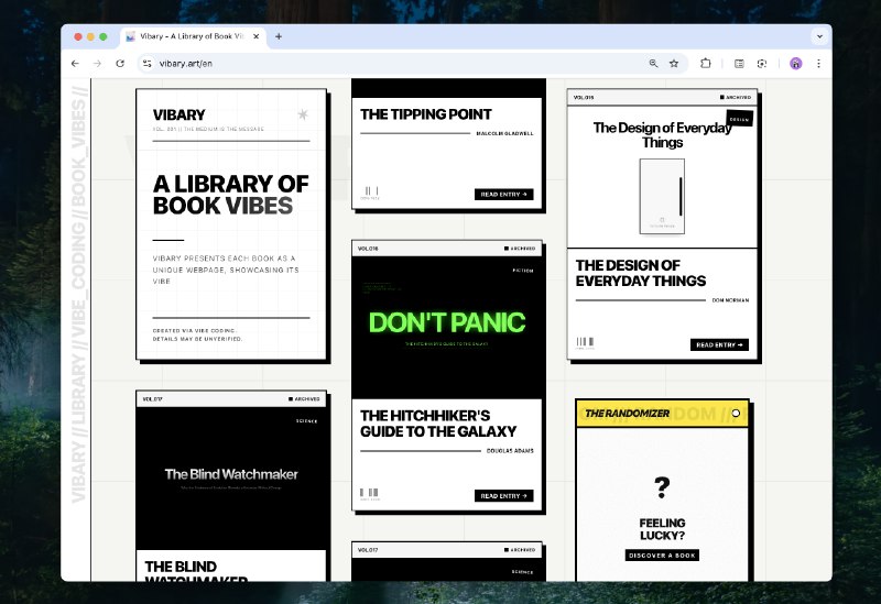 8. Vibary标语：要是每本书都变成一个独一无二的网站，那会怎样呢？介绍：维巴里（Vibary）把每本书都呈现为一个独特的网页，展示出这本书的独特氛围，这种氛围是通过氛围编码呈现出来的